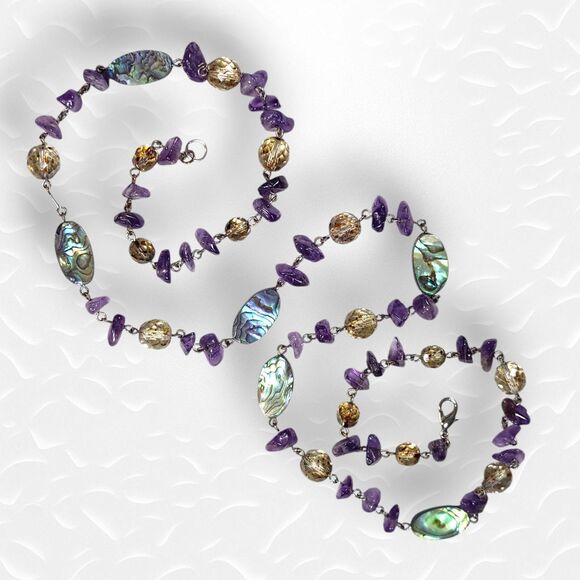 30" Abalone Shell & Amethyst Chip Necklace with Faceted Glass Beads Boho Chic - Picture 1 of 6